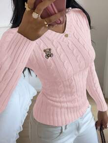 SHEIN EZwear Women's Autumn Cartoon Bear Embroidery & Twist Cable Pattern V-Neck Long Sleeve Fitted Sweater,Fall Women Sweaters Pullover For Women Cute Long Sleeve Tops Women Sweaters Pink Sweater - Pink - View 5