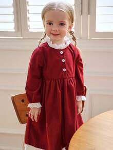 Souflis Souflis Elegant French Style Burgundy Color Baby Girl Dress With Small Stand Collar Red Dress Toddler Girl Baby Red Dress Baby Dress Burgundy Fall Winter