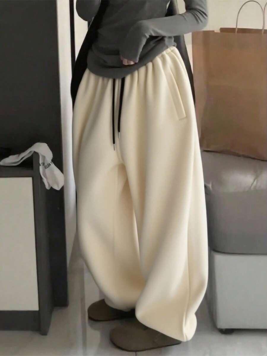 INAWLY 女式杏色松紧腰口袋宽松休闲慢跑裤 - 杏色 - 查看 1