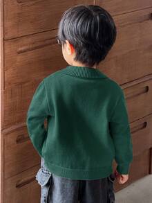 SHEIN Young Boys' Casual Twist Floral Front Zip Knit Cardigan Fall Winter - Dark Green - View 6