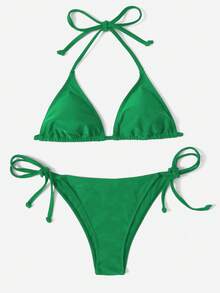 Swim Basics Summer Beach Halter Triangle Tie Side Bikini - Green - View 4