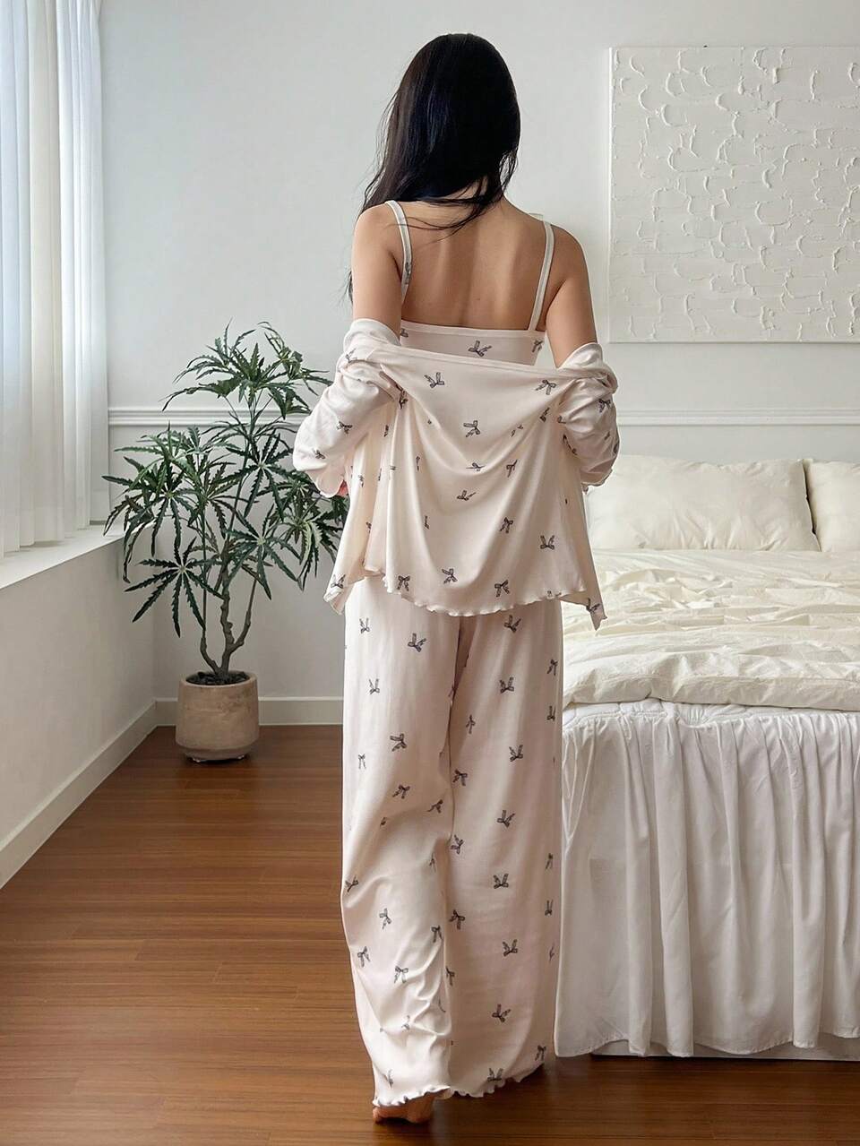 3pcs Bow Allover Print Camisole Top & Pants & Long Sleeve Button Placket Top Women Pajama Set, Fall Winter Clothes