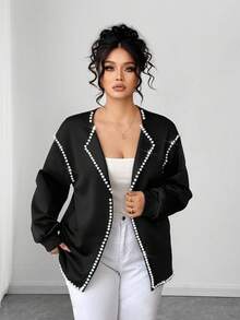 Elenzga 永不过时：哥特式预科风，融入周三元素。拥抱你内心的阴影，展现女性的暗黑时尚。大码女式优雅针织长袖串珠装饰黑领开衫 - 黑色 - 查看 3