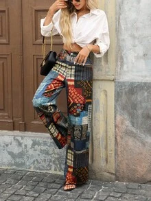 EMERY ROSE Women's Patchwork Print Loose High Waist Wide Leg Jeans - Multicolor - View 6