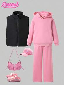 SHEIN Explorewe Tween Girls Pink Winter Casual School 3-Piece Outfit Set,Loose Thermal Lined Hoodie,Wide Leg Sweatpants&Padded Vest,Solid Color Versatile Fall Clothes - Multicolor - View 1