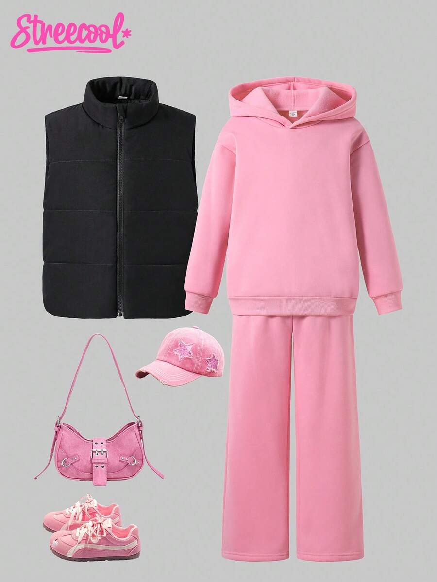 SHEIN Explorewe Tween Girls Pink Winter Casual School 3-Piece Outfit Set,Loose Thermal Lined Hoodie,Wide Leg Sweatpants&Padded Vest,Solid Color Versatile Fall Clothes - Multicolor - View 1