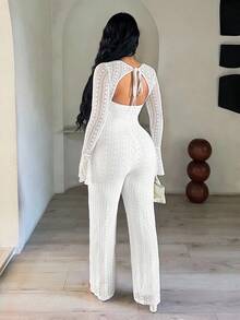 SHEIN SXY 1pc White Sexy Lace Long Sleeve Hollow-Out Jumpsuit,Elegant,Lace,Wedding Guest ,Elegant Dresses For Party,Sexy, Fall Clothes For Women ,White,Going Out,Prom,Chic,New Year - White - View 2