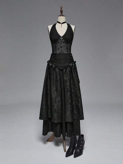 EDITION Vintage Dark Gothic Palace Medieval Corset Jacquard Fabric Oversized A-Line Drawstring Tie Waist Skirt, Halloween