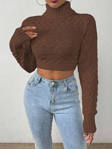 EMERY ROSE Women's Autumn/Winter Cable Cable Pattern Turtleneck Long Sleeve Cropped Sweater - Brown - View 6