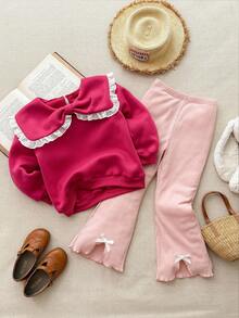 Blossori 2件套年轻女孩法式优雅蝴蝶结前开衩喇叭裤 - 彩色 - 查看 5