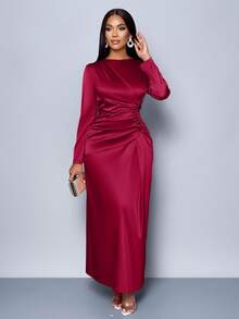 SOLERSUN Đầm ôm body bằng vải satin nhún bèo màu trơn thanh lịch dành cho nữ, thích hợp cho trang phục dự tiệc hẹn hò Maxi dành cho nữ - Đỏ - Xem 5