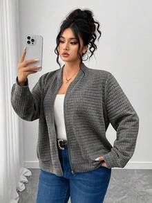 SHEIN CURVE+ Áo khoác rộng rãi có khóa kéo họa tiết cỡ lớn, mùa thu - Xám - Xem 3