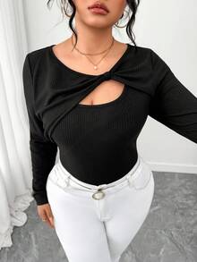 Elenzga Plus Size Women Asymmetrical Textured Fabric T-Shirt - Black - View 6