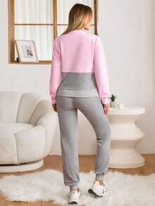 EURMUSE Set da due pezzi composto da felpa e pantaloni casual con blocchi di colore, taglia petite - Grigio - Visualizzare 2