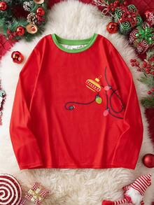LOONEY TUNES X SHEIN Tween Jungen Lässig Weihnachts Lustig Süß Cartoon & Buchstaben Muster Kontrast Saum Langarm T-Shirt