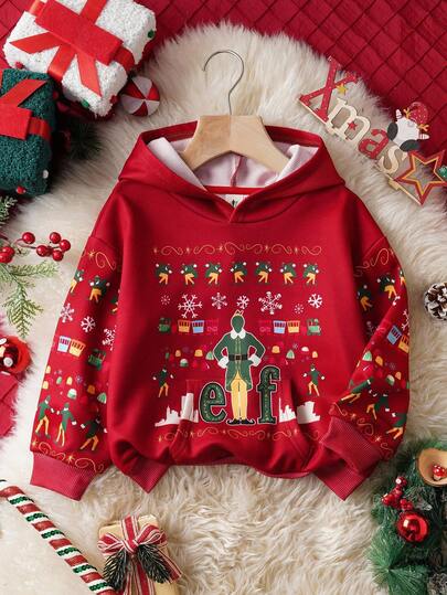 ELF X SHEIN Young Boy Christmas Letter Graphic Hooded Long Sleeve Sweatshirt Fall Winter