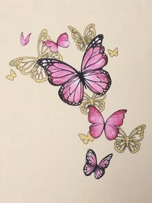 Sparklyn 青少年休闲百搭通勤日常运动蝴蝶图案黑色圆领短袖T恤+打底裤套装 - 杏色 - 查看 3