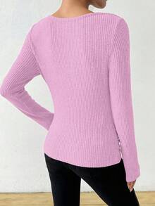 RosyDaze Vintage asymmetrisches drapiertes Hals strukturiertes gerüschtes figurbetontes Langarm T-Shirt Langarm Oberteil geripptes Oberteil Damen Langarm Oberteil figurbetontes Oberteil Schalkragen Oberteil - Pink - Übersicht 2