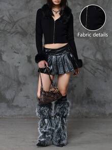 SHEIN Unity Women's American Street Style Cropped Fuzzy Collar Patchwork Knit Sweater Top,Goth Blackness Autumn Halloween Niche Design Club Cloth - Black - View 8
