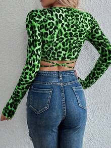 Chiquease Women's Y2K Leopard Print Criss-Cross Design Long Sleeve Cropped Fitted Sexy Top Green Leopard Print Top Long Sleeve Crop Tops Tie Front Crop Top Leopard Top - Green - View 2