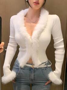 DAZY 女式流苏拼接V领开衫，秋季 - 米色 - 查看 9