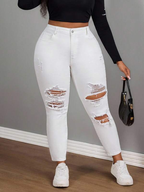 SHEIN ICON 大码女式高腰口袋做旧金属装饰休闲百搭牛仔裤