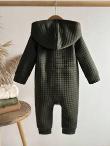 SHEIN 男婴格子连帽连体衣，秋冬季拉链设计加厚保暖外套连体衣，秋季新品 - 墨綠色 - 查看 2