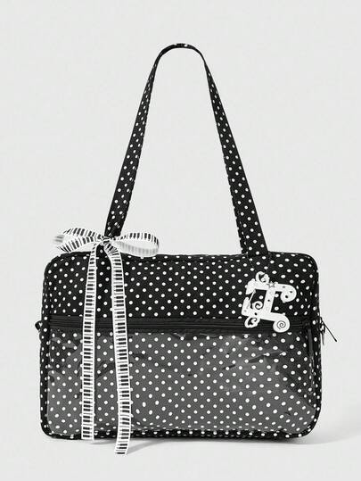 Anime Retro Black & White Polka Dot Piano Bow Knot Music Note Decor Clear Zipper Pouch Tote Bag, Large Capacity One Shoulder Bag, Casual Chic Versatile For School, Vacation, Social, Shopping