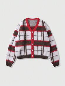 ROMWE MEN Prep Men's Plaid Button Up Cardigan, Loose Cropped Style, Fall Winter - White - View 8