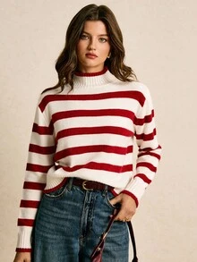 Poéselle 女式休闲拼色条纹立领毛衣，秋冬 - 紅白色 - 查看 7