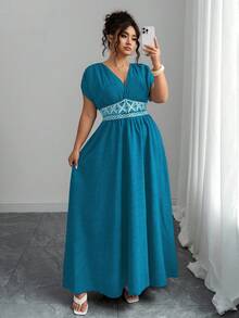 Elenzga Plus Size Women's Casual Maxi Dress With Waist Embroidery, Paisley Pattern Bohemian Style Deep V-Neck, Ruched Shoulder, Cinched Waist, Slimming & Elegant For Outing, Afternoon Tea, Party, Daily, Vacation