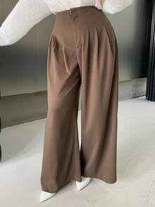 Dazy Plus Plus Size Women Loose Solid Color Wide Leg Casual Long Pants, All Season Women Dress Pants Fall - Coffee Brown - View 1