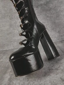 SHUZIA 女式朋克风格厚底粗跟及膝圆头多扣带舒适秋冬度假鞋 - 黑色 - 查看 3