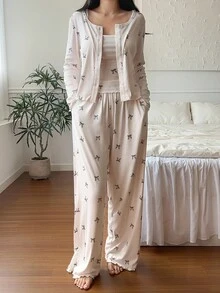 DAZY 3件套蝴蝶结印花吊带背心、裤子和长袖纽扣门襟上衣女士睡衣套装，秋冬服装 - 白色 - 查看 5