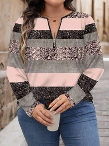 SHEIN LUNE Gold glitzernder gestreifter Muster Große Größen Halb-Reißverschluss Rundhals Loose Langarm T-Shirt, geeignet für den Herbst - Verschiedenfarbig - Übersicht 4