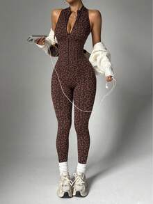 Dewbera 1pc Women's Seamless Sexy Front Zipper Stand Collar Racerback Sleeveless Deep V-Back Yoga Gymnastics Dance Exercise Jumpsuit Leopard Print Workout Jumpsuit Seamless Yoga Jumpsuit Gym Jumpsuit Activewear Jumpsuit Brown Leopard Workout Set Backless Workout Jumpsuit Leopard Print Gym Clothes