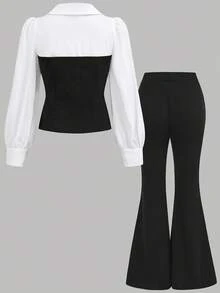 Girlism 少女优雅梭织拼布衬衫上衣和黑色喇叭裤套装 - 黑與白 - 查看 3