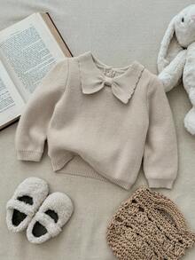 Blossori Baby Girls' French Elegant Bow Collar Pullover Sweater, Cozy Fall & Winter Styles - Apricot - View 5