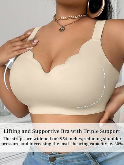 SHEIN Plus Size Women's Seamless Wirefree Bra Push Up Soft Support V-Neck Bra, Wide Shoulder Strap Comfortable Single Piece