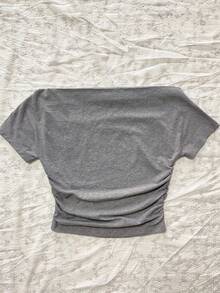 Attitoon 复古休闲心形线条素描设计露肩褶皱腰身紧身灰色短袖 T 恤，夏季舒适 - 淺灰色 - 查看 2