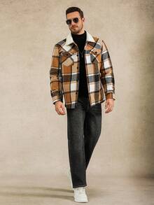 Manfinity Homme 男士极简格纹长袖外套 保暖内衬外套 男士衬衫式外套 男士法兰绒格纹外套 男士衬衫外套 - 彩色 - 查看 3