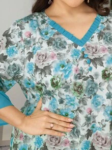 Al Najma Plus Size Women Floral Print V-Neck Arabic Style Dress