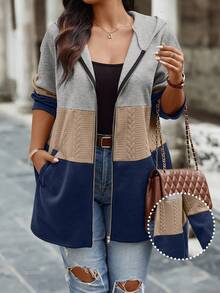 Calvaya Plus Size Women's Autumn Contrast Color Zipper Hooded Casual Jacket - Multicolor - View 1