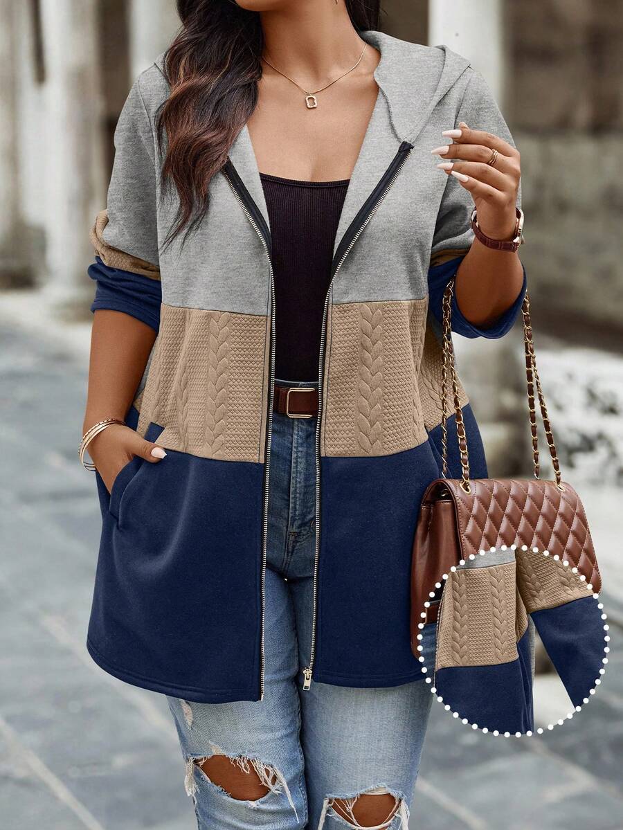 Calvaya Plus Size Women's Autumn Contrast Color Zipper Hooded Casual Jacket - Multicolor - View 1