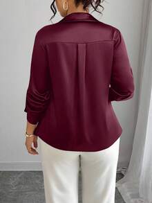Elenzga Cămașă elegantă din satin, mărime plus, cu mânecă cu manșetă, culoare solidă, cu un singur nasture - Burgundia - Vizualizare 2