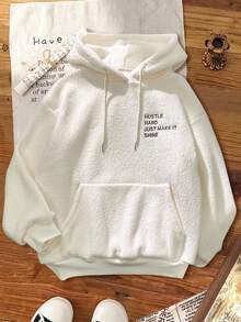 Franclia Women's Retro Minimalist Loose Oversized Drop Shoulder Embroidered Letter Pouch Pocket Fleece Hoodie, Autumn/Winter - Beige - View 3