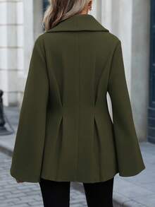 EMERY ROSE 女士优雅通勤休闲法式翻领 V 领双排扣开腰 A 字褶喇叭袖宽松袖口长袖羊毛大衣，适合春秋冬季 - 軍綠色 - 查看 2