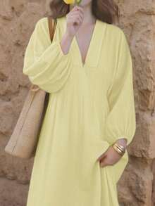 INAWLY Women's Casual Everyday Solid Color Elegant Romantic Backless Long Sleeve Dress, Suitable For Vacation - Yellow - View 3