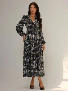 Almamuse Women's Elegant Zebra Pattern Jacquard Print Long Lantern Sleeve Dress - Multicolor - View 3