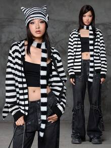 Bloopia Sudadera con capucha de punto estilo coreano casual con rayas jacquard y decoración de orejas de conejo, ajuste holgado, adecuada para mujeres en otoño/invierno y Halloween